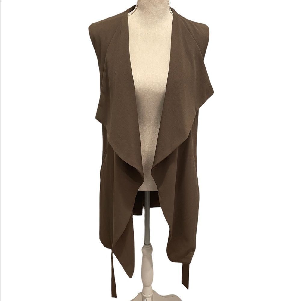 Draped Open Front Sleeveless Belted Duster Vest